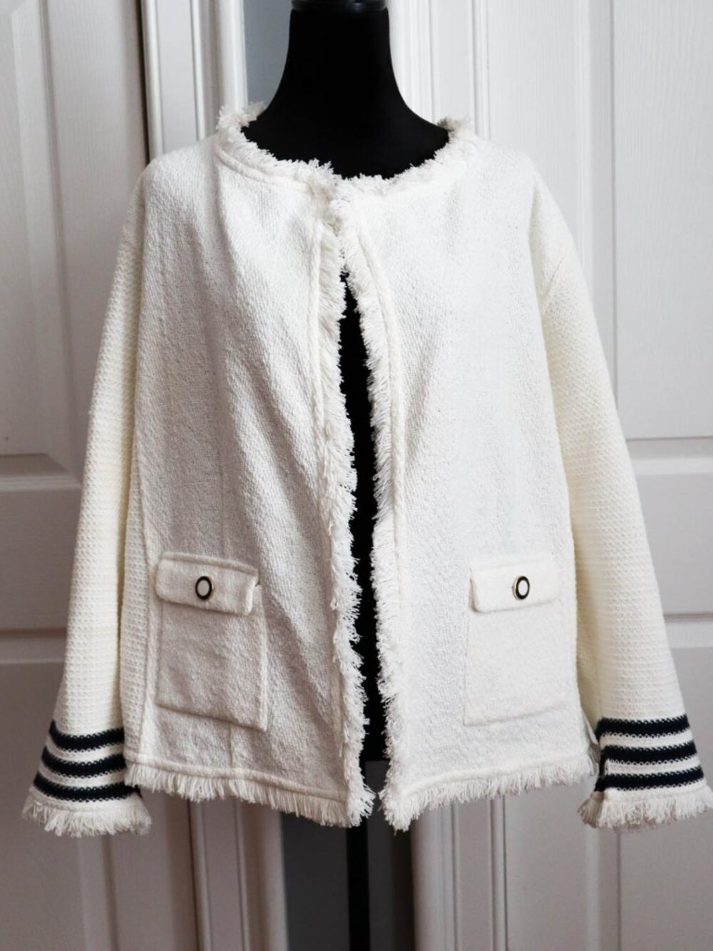 Nic + Zoe Subtle Stripe Fringe Mix Knit Open Jacket Blazer Plus Size 1x Coastal